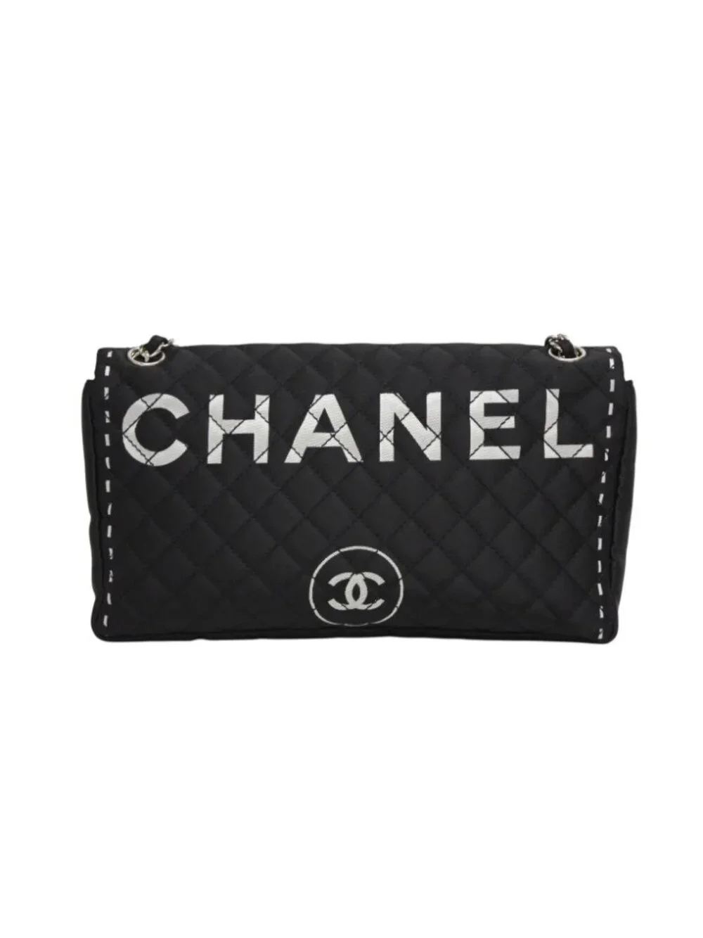 Chanel Quilted Jumbo CC Logo Chain Shoulder Bag Single Flap Black White Silver